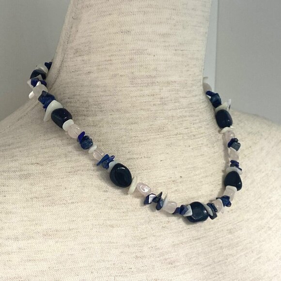 Sterling Silver 925 Sodalite Quartz MOP Blue Goldstone Beaded Necklace 17.5" - Picture 10 of 16